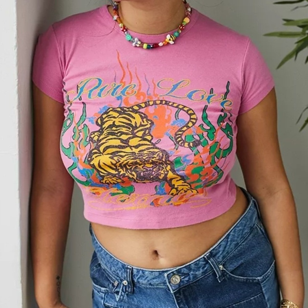 urban outfitters pink pure love tiger baby tee y2k grunge top baddie large crop